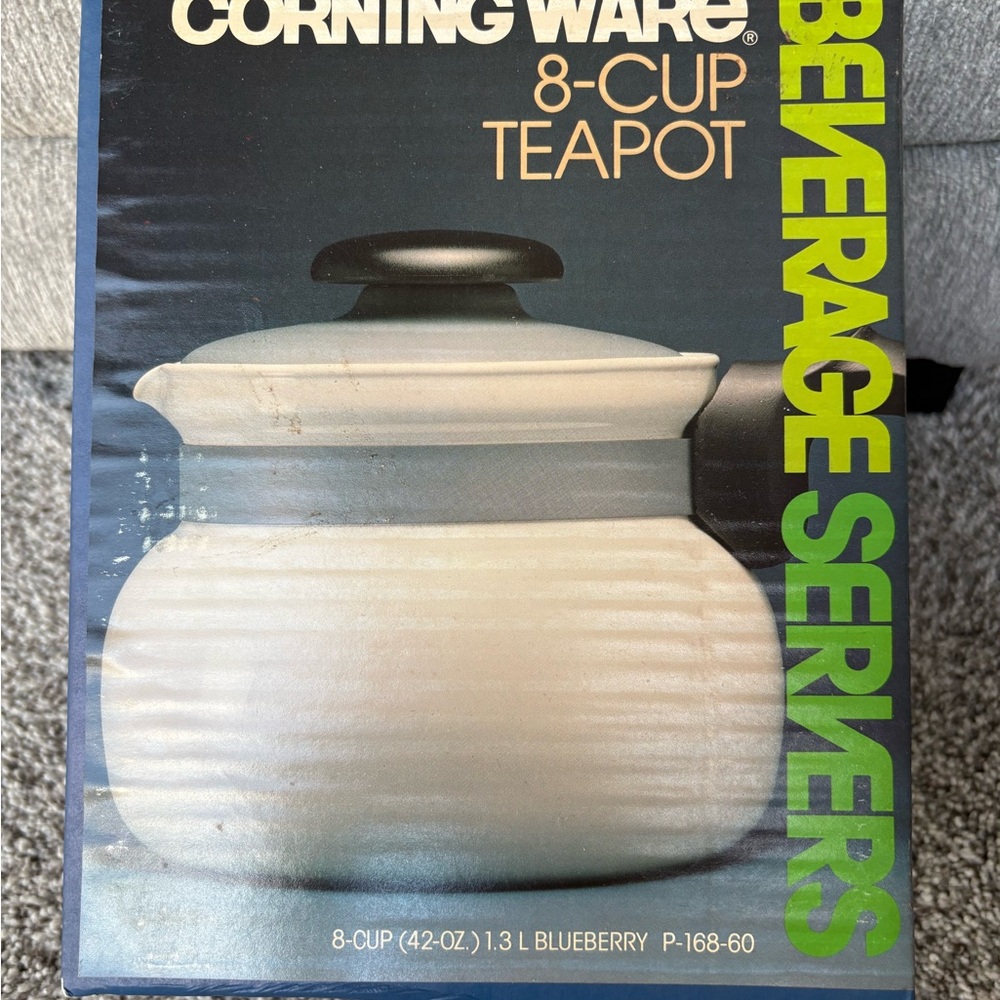 Vintage Corning Ware Teapot 8 Cup White w/ Metal Lid And Band P-168-60 Blueberry